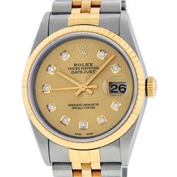 Rolex Mens 18K Two Tone Champagne Diamond Datejust Quickset Wristwatch 16233