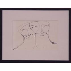 American School (20th Century), COUPLE, ink drawing on paper, 10 1/4 x 15 1/2", initial 'j s'?...