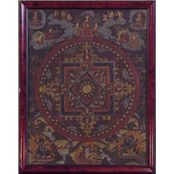 Asian School, MANDALA, acrylic painting on paper fabric, 22 x 17", framed with glass, some wear...