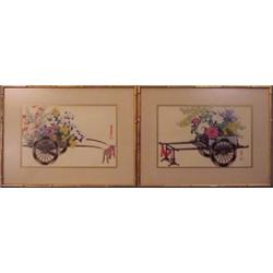 Asian School (20th Century), FLOWERS CARTS, a pair of watercolors on paper, each 10 x 15", with...