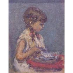 Arbit Blatas (b. 1909) American, SEATED GIRL ON BLUE, oil painting on board, 8 x 6", signed low...