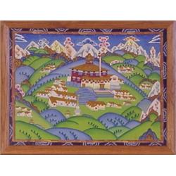 Buddhist Monk, VILLAGE, watercolor on fabric, 17 x 22 1/2", framed with glass, some wear. Start...