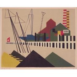 John Russell Clift (20th Century), TONG WHARF, color woodblock print, signed in pencil, image 1...