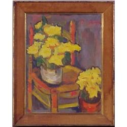 B. Crane (20th Century), STILL LIFE WITH FLOWERS AND CHAIR, oil painting on canvas, 26 x 20", s...