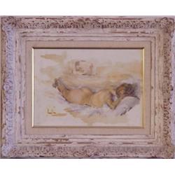 Jacques Favre de Thierrens (1895-1973) French, NUE ALLONGEE, oil painting on board, 9 1/2 x 13"...
