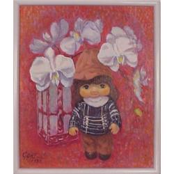 Gen Sun (20th Century), PIXI, acrylic painting on canvas, 18 x 15", signed lower left, framed....