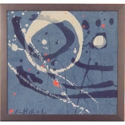Ichiro (20th Century) Japanese, BLUE, WHITE AND RED ABSTRACT - #1, batik on linen, 11 x 11 1/2"...
