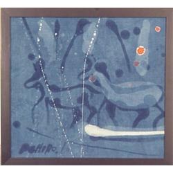 Ichiro (20th Century) Japanese, BLUE, WHITE AND RED ABSTRACT - #2, batik on linen, 11 x 11 1/2"...