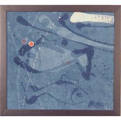 Ichiro (20th Century) Japanese, BLUE, WHITE AND RED ABSTRACT - #3, batik on linen, 11 x 11 1/2"...