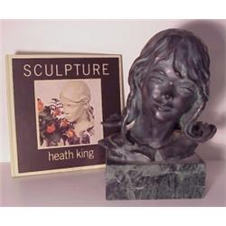 Heath King (20th Century), BUST OF GIRL, cast bronze sculpture, 8" high, 8" wide, 6 1/2" deep,...