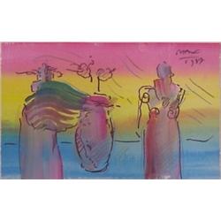 Peter Max (b. 1937) German/American, TWO WOMEN WITH PORTRAIT, 1987, watercolor on paper, 6 x 9...
