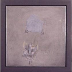 Wes Mills (b. 1960) American, HOUSE ON WHEELS #2, 1992, acrylic and pencil on board, 10 x 9 3/4...