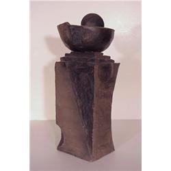 Young Oh (20th Century), BALL BOWL COLUMN, partially glazed ceramic sculpture, 18" tall, signed...
