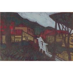 Ono (20th Century), VILLAGE, gouache on paper, 12 x 17 1/2", signed lower right, framed with gl...