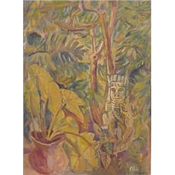 Ossa (20th Century) American, JUNGLE IDOL, acrylic painting on canvas, 30 x 30", signed lower r...