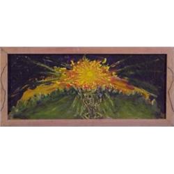Outsider Art (20th Century), SUNBURST OVER GOBLET, acrylic painting on corrugated cardboard, 14...