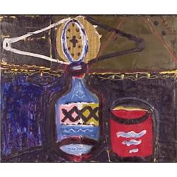 Peter Parks (b. 1947) American, XXX BOTTLE, 1991, acrylic painting with collage on canvas, 20 x...