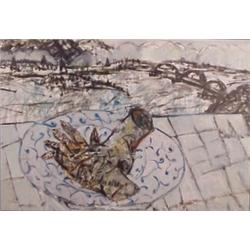 Cheng Tsai Tung (b. 1953) Taiwan, HANDS ON A PLATE IN A LANDSCAPE, oil painting on canvas, 51 x...