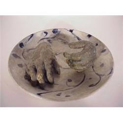 Cheng Tsai Tung (b. 1953) Taiwan, PLATE WITH HANDS, cast bronze hands attached to glazed cerami...