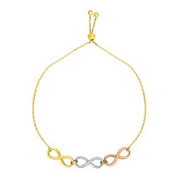 Adjustable Bracelet with Infinity Symbols in 14K Tri Color Gold