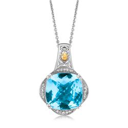 18K Yellow Gold and Sterling Silver Blue Topaz and Diamond Fleur De Lis Pendant