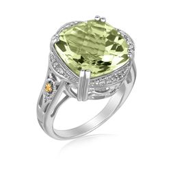 18K Yellow Gold and Sterling Silver Cushion Green Amethyst Ring (.09 ct. tw.)