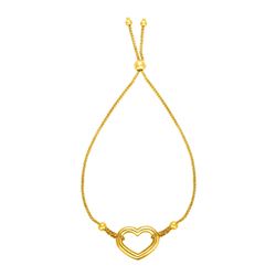 Adjustable Bracelet with Shiny Open Heart in 14K Yellow Gold