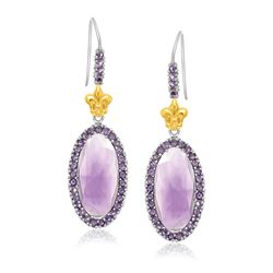 18K Yellow Gold & Sterling Silver Oval Amethyst Fleur De Lis Earrings