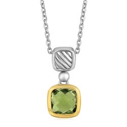 18K Yellow Gold and Sterling Silver Necklace with Cushion Green Amethyst Pendant
