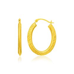 14K Yellow Gold Oval Line Texture Hoop Earrings