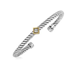 18K Yellow Gold and Sterling Silver Diamond Stationed Italian Cable Open Bangle