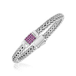 Sterling Silver Woven Motif Bracelet with Pink Sapphire Accents