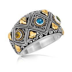 18K Yellow Gold and Sterling Silver Ornate Ring with Multi Gemstone Accents