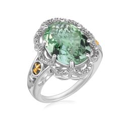 18K Yellow Gold and Sterling Silver Decorative Green Amethyst Ring (.03 ct. tw.)