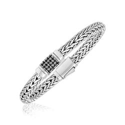 Sterling Silver Weave Style Bracelet with Black Sapphire Accents