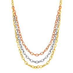 Three Strand Oval Link Necklace in 14K Tri Color Gold