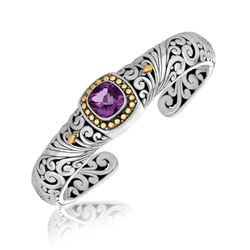 18K Yellow Gold and Sterling Silver Baroque Style Cushion Amethyst Cuff Bangle
