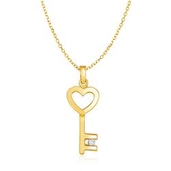 14K Yellow Gold Necklace with Gold and Diamond Heart Key Pendant