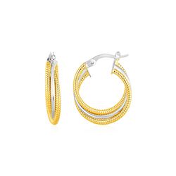 Three Part Textured and Shiny Hoop Earrings in 14K Yellow and White Gold
