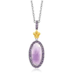 18K Yellow Gold & Sterling Silver Oval Motif Fleur De Lis Amethyst Pendant