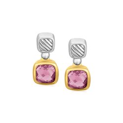 18K Yellow Gold and Sterling Silver Cushion Amethyst Accented Drop Earrings