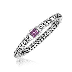 Sterling Silver Pink Tone Sapphire Accented Braided Men's Bracelet