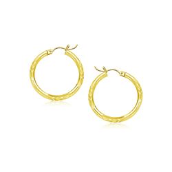 14K Yellow Gold Fancy Diamond Cut Slender Small Hoop Earrings (15mm Diameter)
