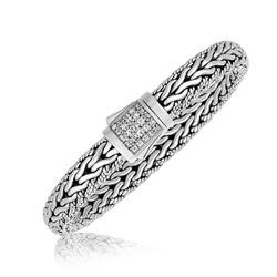 Sterling Silver Braided Design Men's Bracelet with White Sapphire Stones