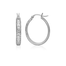 10K White Gold Hammered Oval Hoop Earrings