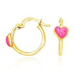 14K Yellow Gold Hoop Earrings with Front Pink Heart Design