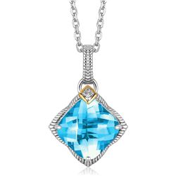 18K Yellow Gold and Sterling Silver  Blue Topaz and Diamond Accented Pendant