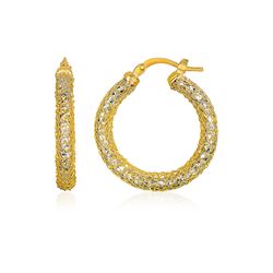 14K Two-Tone Yellow and White Gold Sparkle Texture Hoop Earrings