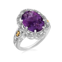 18K Yellow Gold and Sterling Silver Fleur De Lis Ring Amethyst and Diamonds