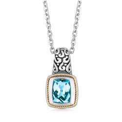 18K Yellow Gold and Sterling Silver Necklace with Milgrained Blue Topaz Pendant
